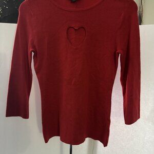 Ribbed Knitted Full Flare Sleeve O-neck Sweater Heart Shape Cut Out Slim Red